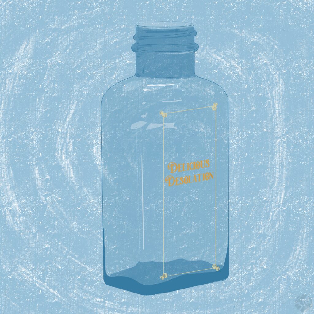 An illustration of a glass bottle with the words "Delicious Desolation" in gold on the front, surrounded by a blue background that has the effect of being painted. 