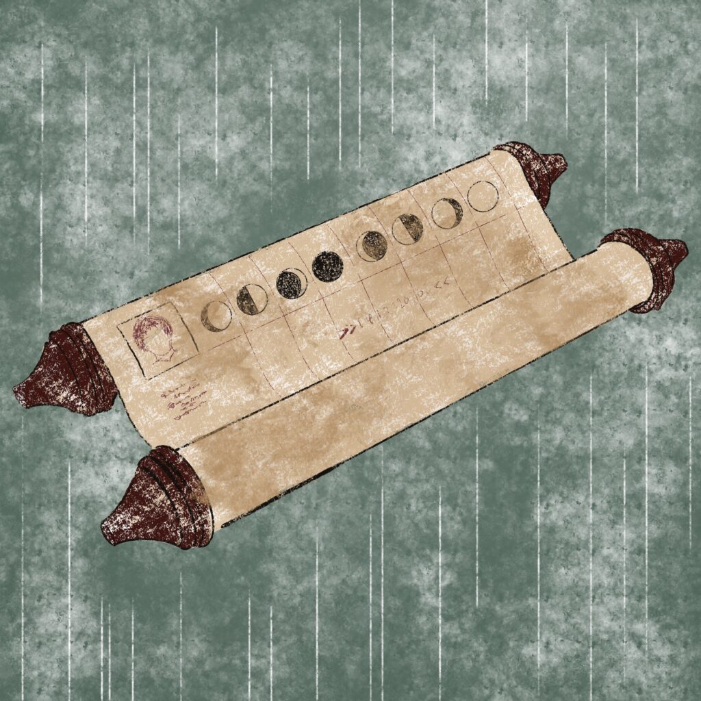 An illustration of a scroll slightly unrolled. The top of the paper shows a faceless drawing of a person's head, with simple illustrations of the moon phases next to it. The background is a splotchy mix of white and dark greenish turquoise. 